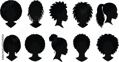 Black woman hairstyle silhouette collection, afro hair, braids, natural curls, ponytail, bun, stylish haircut, diverse beauty, vector illustration, fashion, elegance
