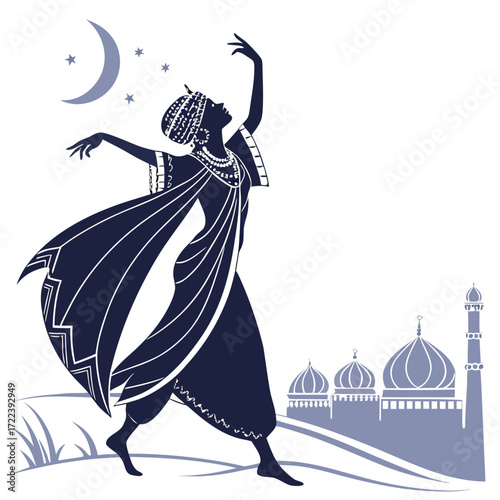 A vector silhouette depicts a woman dancing under the moonlight near a mosque, embodying a serene blend of culture, spirituality, and artistic expression