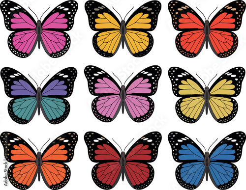 This image presents a grid of nine monarch-like butterflies, each rendered in a different vibrant color.