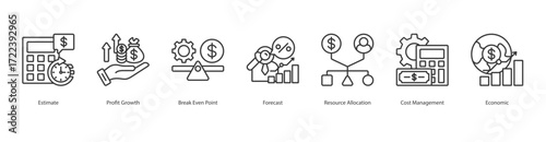Business Financial Forecasting banner web icon set vector illustration concept with icon of estimate, profit growth, break even point, forecast, resource allocation, cost management, economic