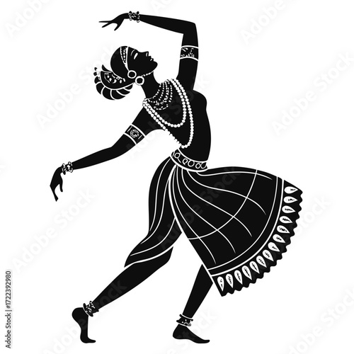 Captivating indian dancer in traditional dress, striking a dynamic pose, reflecting the vibrant energy and artistic expression of indian classical dance form
