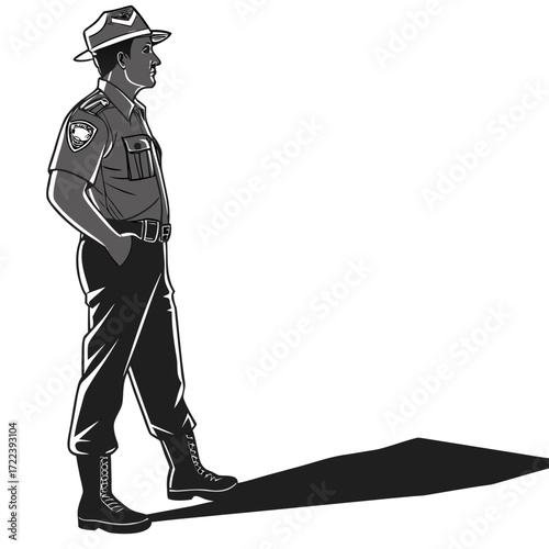Illustration of a park ranger standing at attention, looking off into the distance with a serious expression, the ranger is wearing a uniform and hat