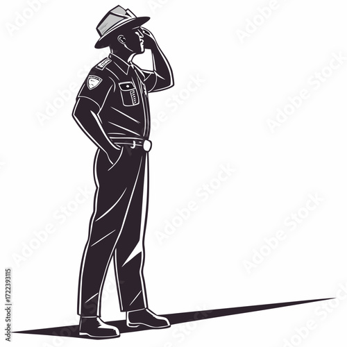 Illustration of a park ranger talking on the radio, standing at attention, looking off into the distance, the ranger is wearing a uniform and hat