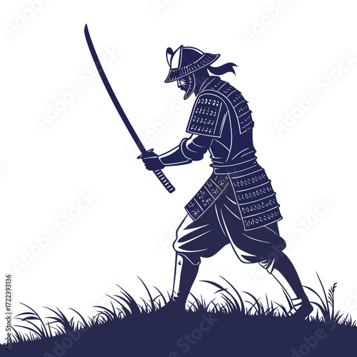Illustration of a samurai warrior in full armor holding a katana sword in a field of grass the samurai is in a fighting stance