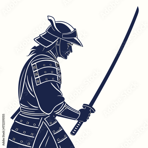 Illustration of a samurai warrior in full armor holding a katana sword in hand the samurai is depicted in a side profile, showcasing his helmet, armor, and sword