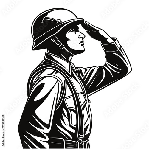 Illustration of a soldier saluting the soldier is wearing a helmet and uniform he is looking to the right and has his right hand raised in a salute