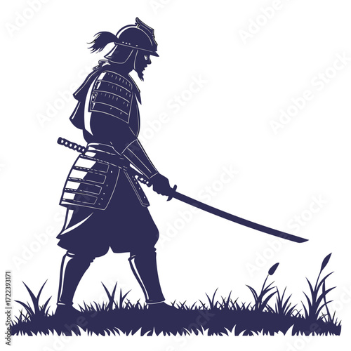 Illustration of a samurai warrior in full armor walking with a katana sword in hand the samurai is depicted in a side profile, showcasing his helmet, armor, and sword