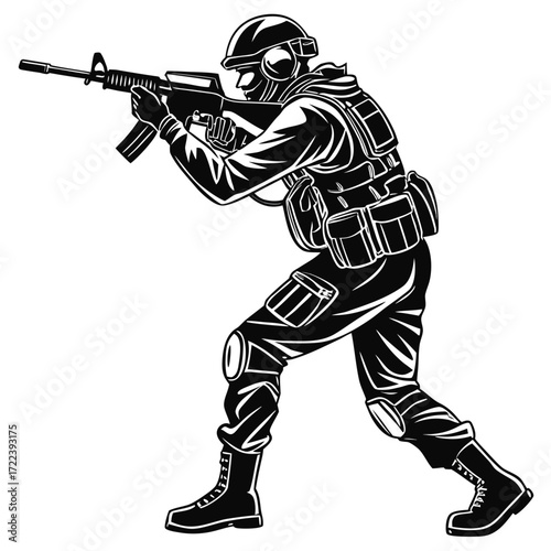 Illustration of a soldier in full combat gear, armed with a rifle, poised and ready for action, the vector artwork captures the intensity and focus of the warrior