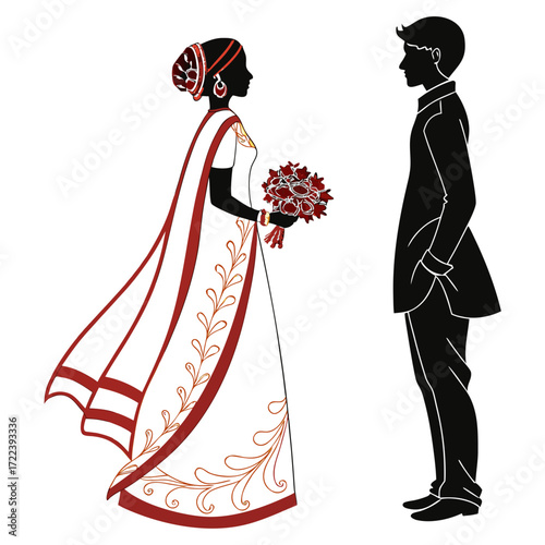 Silhouette of an indian couple getting married, the bride is wearing a traditional saree and holding a bouquet of flowers, the groom is in a suit