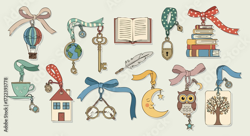 Vintage Illustration of Book-Themed Charms and Pendants