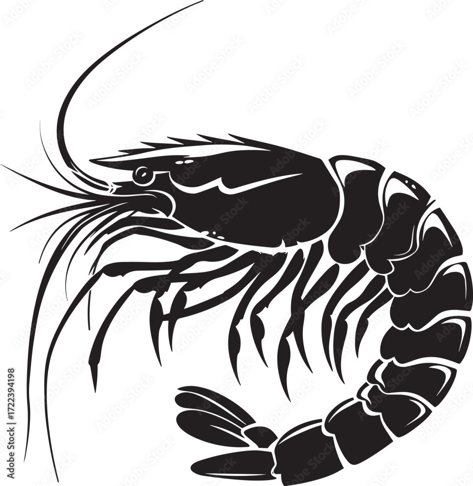 Obraz premium A black and white illustration of a shrimp against a white background.
