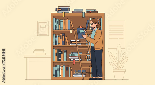Female Student or Librarian at a Bookshelf Illustration.