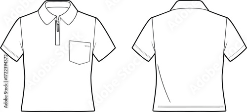 Blank polo shirt template, front and back view, short sleeve design, zipper collar t-shirt mockup, fashion apparel outline, clothing vector illustration.