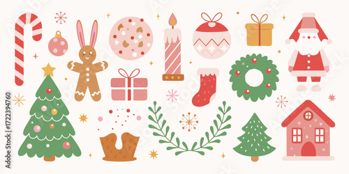Collection of cute christmas elements including santa claus gingerbread man and festive decorations