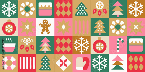 Whimsical geometric christmas pattern featuring snowflakes ornaments gingerbread cookies and trees