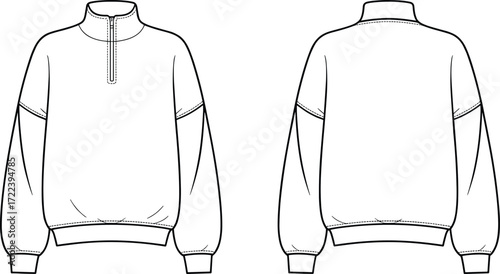 Blank pullover sweatshirt template with zipper front and back view, unisex casual clothing design, long sleeve cotton fleece garment mockup.Blank pullover , 