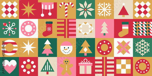 Festive geometric christmas pattern with icons of snowflakes trees stockings and snowman