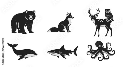Illustration of a bear fox deer owl whale shark and octopus in black and white