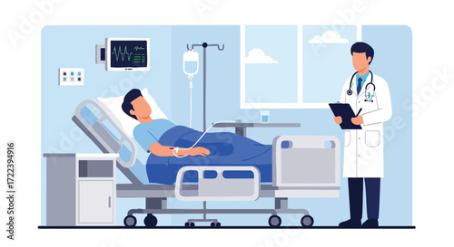Hospital Ward Illustration: Doctor Checking on a Patient.