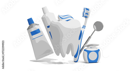 Dental hygiene items including toothpaste toothbrush and dental floss set