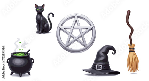 Illustration of a black cat, pentacle, cauldron, hat, and broomstick