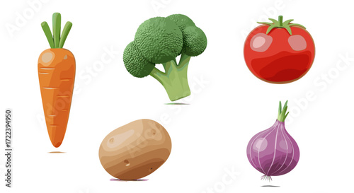 Illustration of various vegetables including carrot broccoli tomato onion