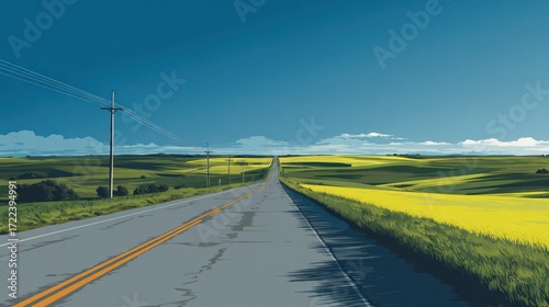 Country road stretching to the horizon, flanked by green and yellow fields, blue sky