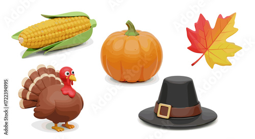 A thanksgiving themed image with corn pumpkin leaf turkey and pilgrim hat