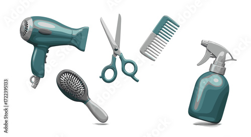 Illustration of a hair dryer, scissors, comb, brush and spray bottle