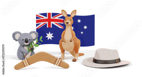 Australian symbols featuring kangaroo koala flag boomerang and outback hat