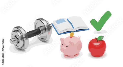 Illustration showing a dumbbell, book, checkmark, piggy bank and apple