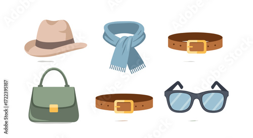 Illustration of hat scarf handbag belts and glasses on a white background