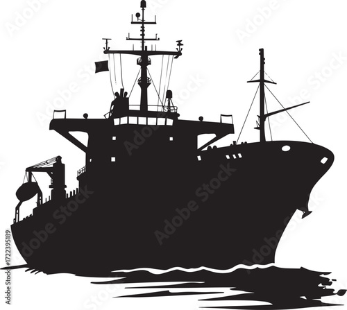 A black and white illustration of a ship at sea.