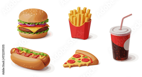 Illustration of various fast food items including burger fries and pizza