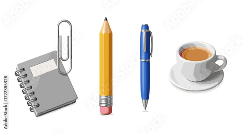 A still life of a notebook, paperclip, pencil, pen, and a cup of coffee