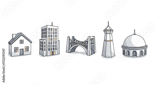 Illustration of five different architectural structures in grayscale tones