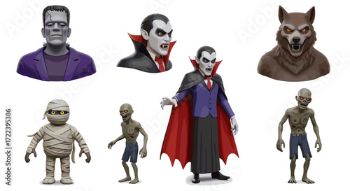 Illustration featuring classic halloween monsters like frankenstein and more