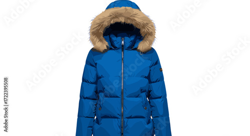 A full view of a blue puffer coat with a fur lined hood and a zipper front
