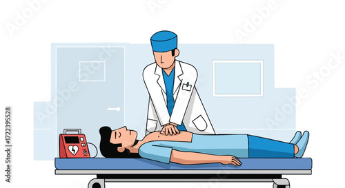 First Aid Illustration: Doctor Performing CPR on a Patient.