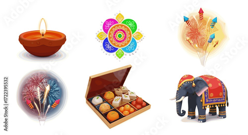 Illustrations of diwali items including diya, rangoli, firecrackers, sweets