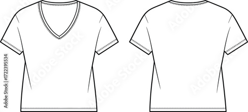 Blank V neck t shirt template front and back view, plain clothing mockup, unisex fashion apparel design, short sleeve cotton garment.