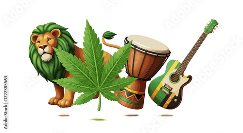 Lion with green mane beside cannabis leaf drum and rasta colored guitar