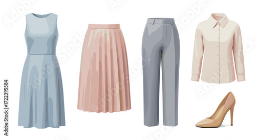 Illustration of a dress skirt pants shirt and a high heel shoe item