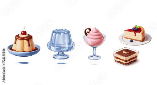 Illustration of five desserts including pudding jelly ice cream cake and tiramisu