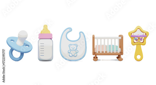A collection of baby items including a pacifier bottle bib crib and rattle