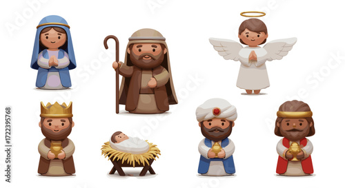 Depicts a nativity scene with mary joseph baby jesus and three wise men
