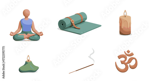 Illustration of yoga elements including mat, incense, and meditation pose