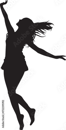 A black and white silhouette of a woman in mid-air, with her arms raised and legs spread apart.