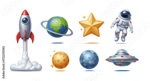 Illustration of cartoon space elements including rocket astronaut and ufo