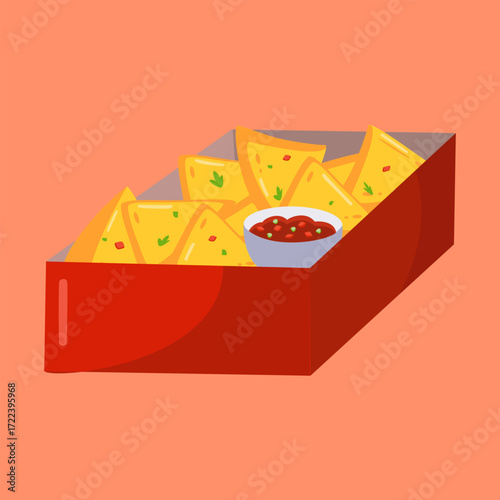Box of tortilla chips with a bowl of salsa. The box is red and the chips are yellow. Vector Illustartion